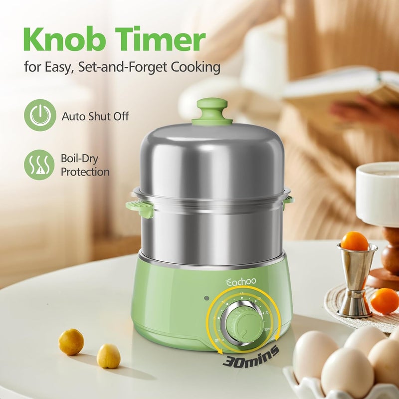 CACHOO Hard Boiled Egg Cooker - 14-Egg Rapid Stainless Steel Egg Boiler with 30-Min Timer & Auto Shut Off, Compact Electric Vegetable Steamer for Cooking, Dishwasher Safe, Retro Green - Image 3